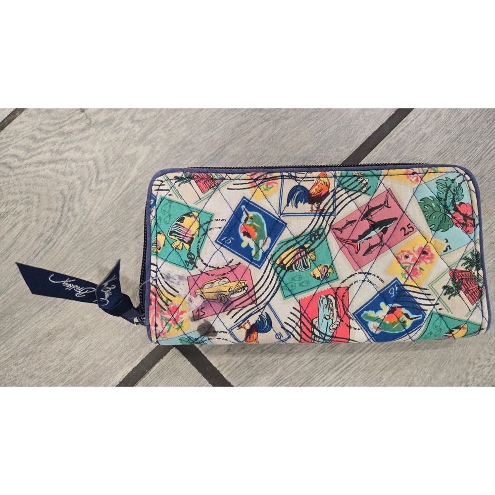 Vera Bradley Postcards from Paradise Quilted Zip Around Wallet Tropical Stamp